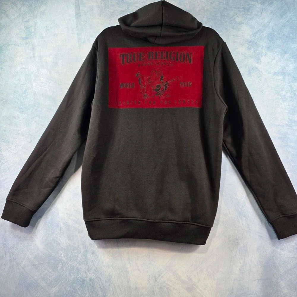 True Religion Mens Jet Black Solid SRS Zip Hoodie Red Buddha Logo Large NWT